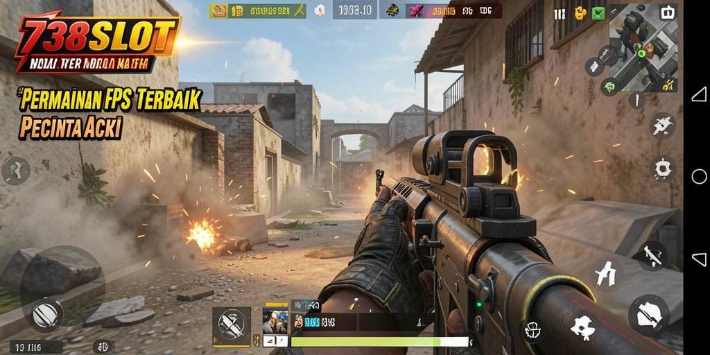 Screenshot menunjukkan aksi seru gameplay FPS di 738SLOT.