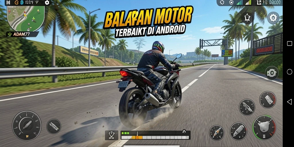 Screenshot gameplay ADAM77 yang menampilkan balapan motor yang seru.