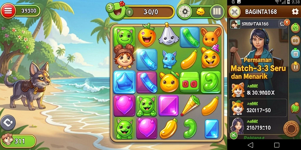 Tampilan gameplay menarik dari BAGINTA168 dengan item Match-3 yang berwarna-warni.