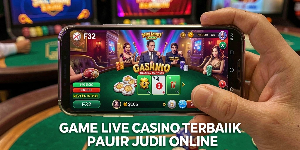 Tampilan gameplay F32 yang mengasyikkan, menampilkan dealer dan permainan Live Casino.