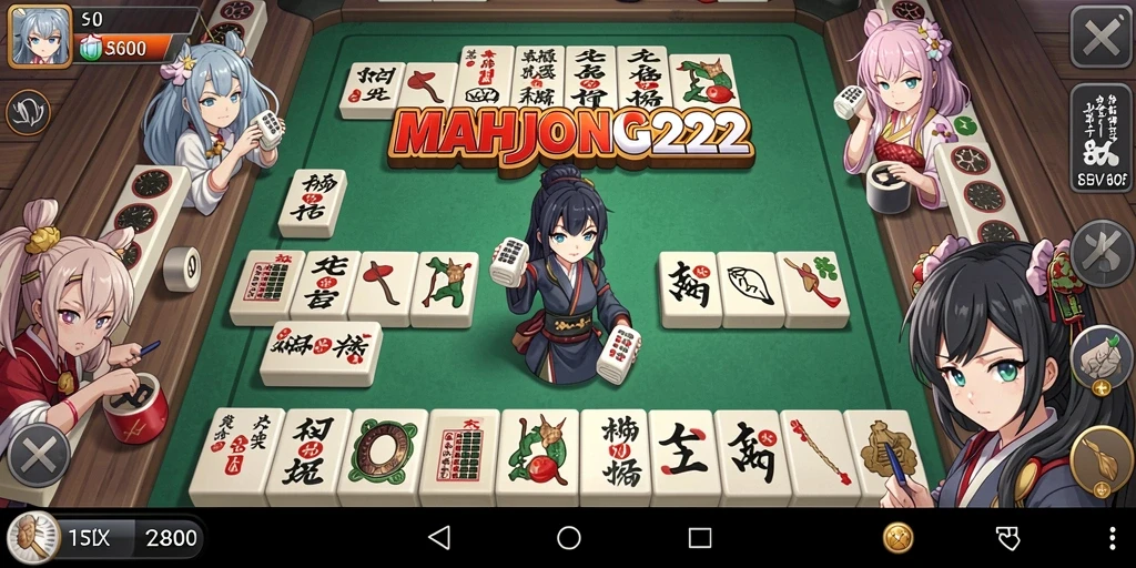 Screenshot gameplay MAHJONG222 menampilkan karakter anime yang sedang bermain Mahjong.