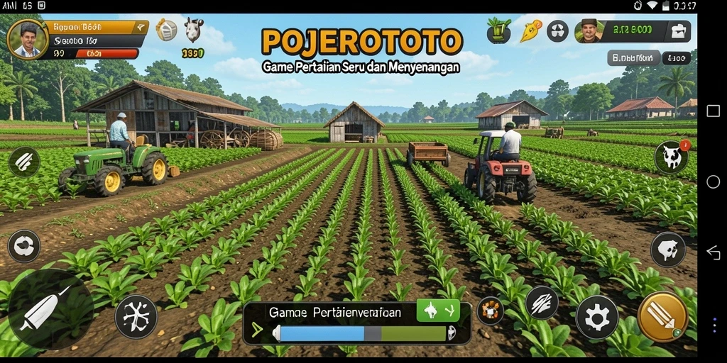 Screenshot gameplay POJEROTOTO yang menunjukkan kebun dan hewan ternak.