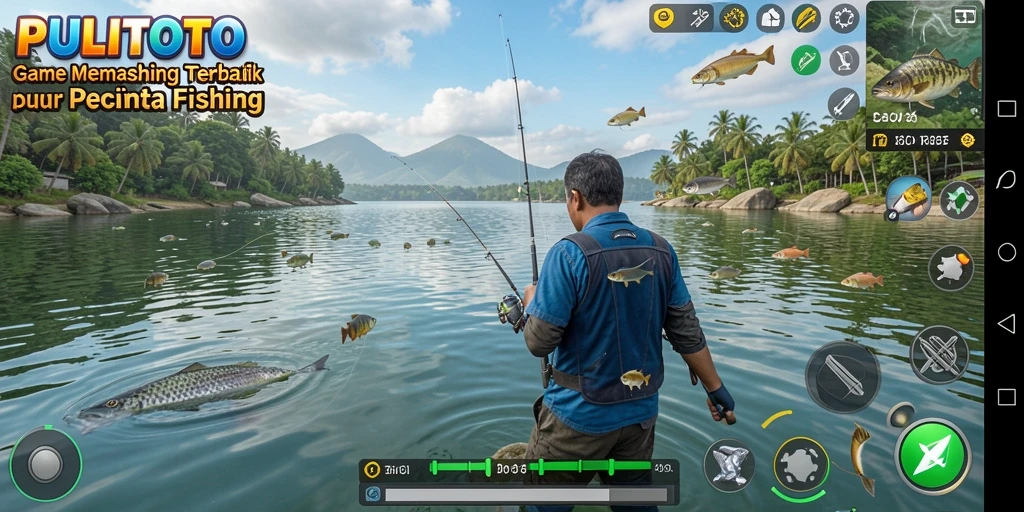 Screenshot gameplay PULITOTO menampilkan aksi memancing yang seru.