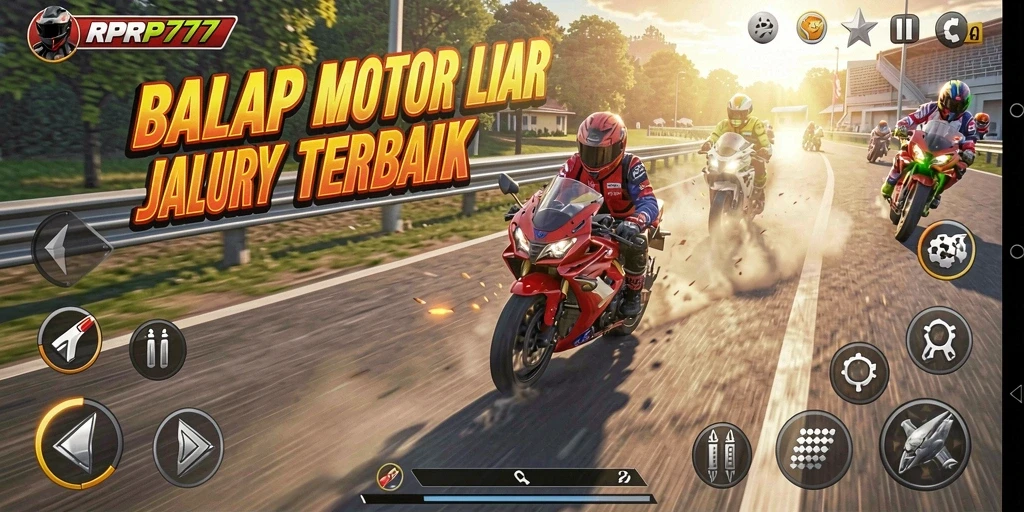 Tangkapan layar gameplay RPRP777 yang menunjukkan aksi balapan motor yang mendebarkan.